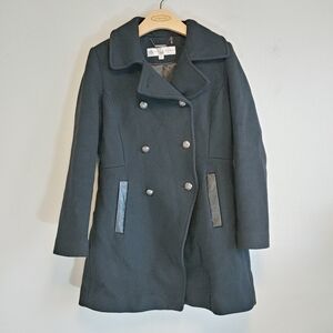 Trina Turk Olivia Wool Blend Faux Leather Double Breasted Peacoat Sz 12 Classic